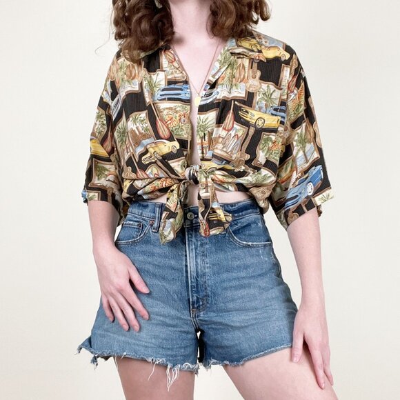 Vintage Novelty Hawaii Car Print Button Down Blouse Oversized Top Hawaiian Shirt - Picture 2 of 9